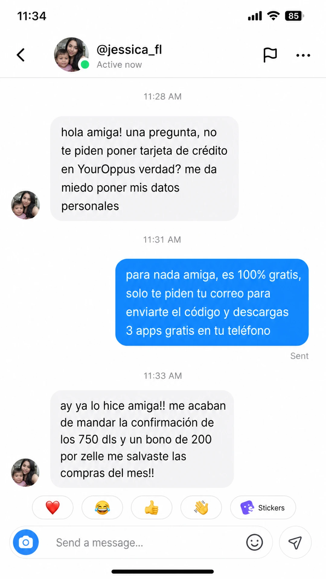 Mensaje de @jessica_fl confirmando su bono de $200 por Zelle