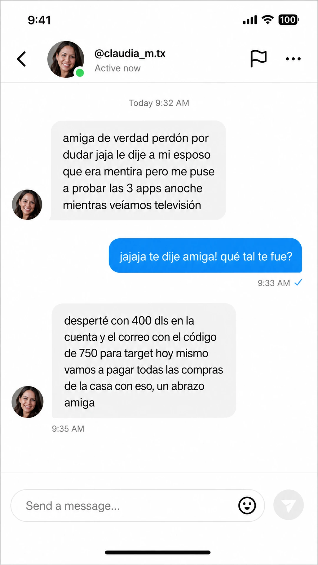 Mensaje de @claudia_m.tx confirmando su código de $750 para Target