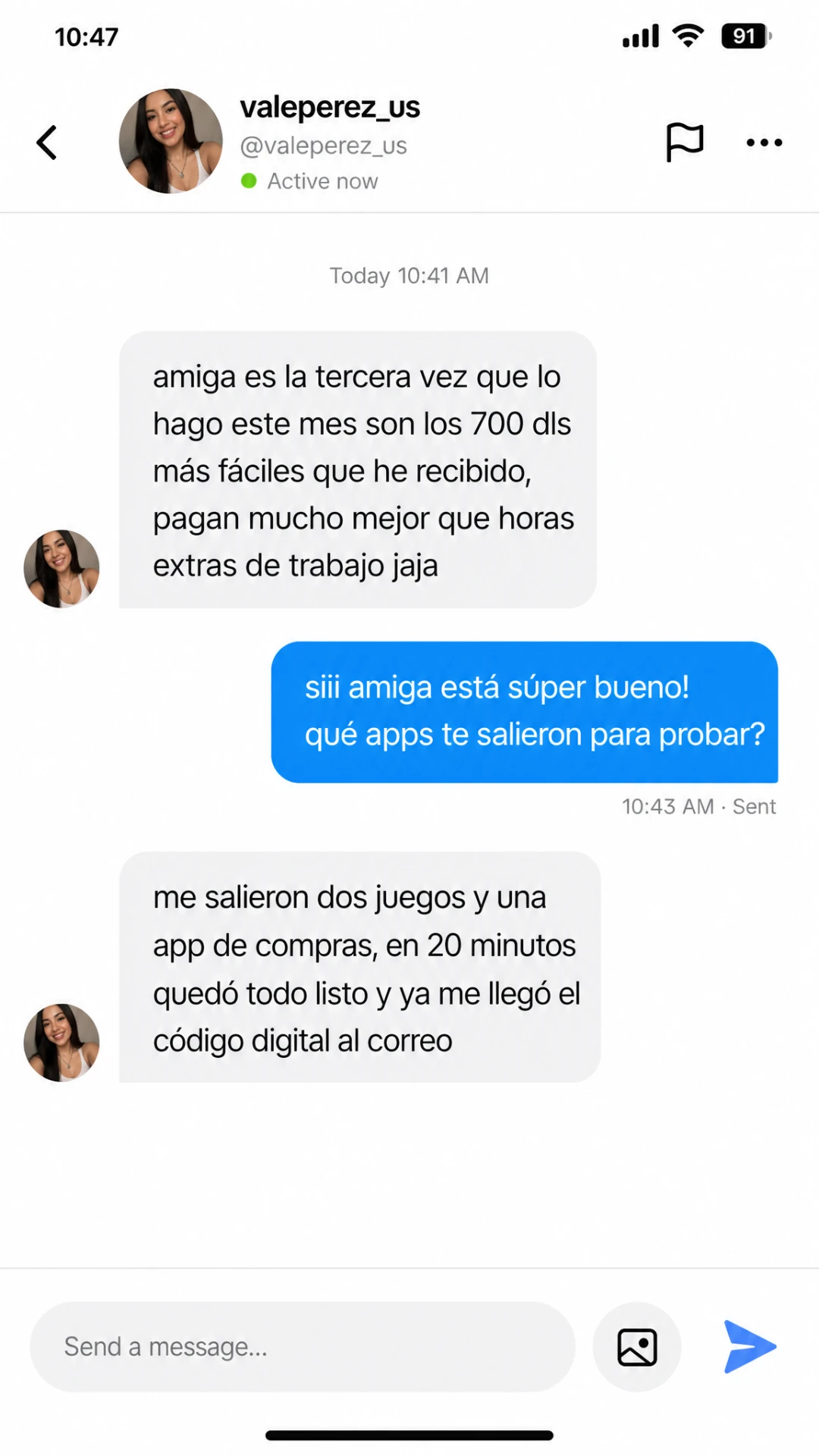 Mensaje de @valeperez_us confirmando su código digital por correo electrónico